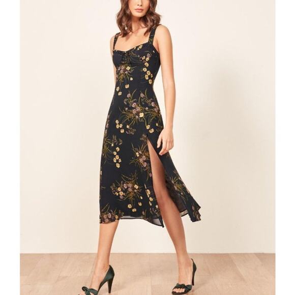 Reformation Dresses & Skirts - Reformation Kallie Navy Floral Side Slit Dress 2 Sleeveless Green Yellow Midi